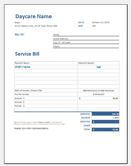 Daycare service bill template