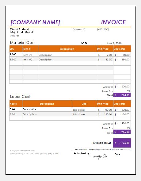 Handyman service bill/invoice template