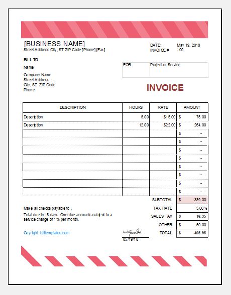 Hourly Service Bill/Invoice Templates for Excel | Excel Templates