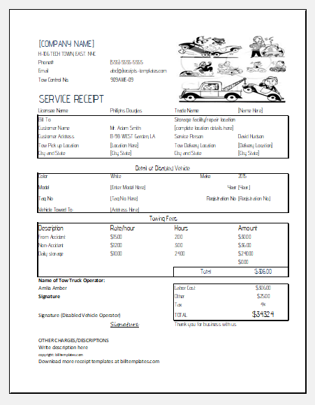 tow service billinvoice templates for excel excel templates