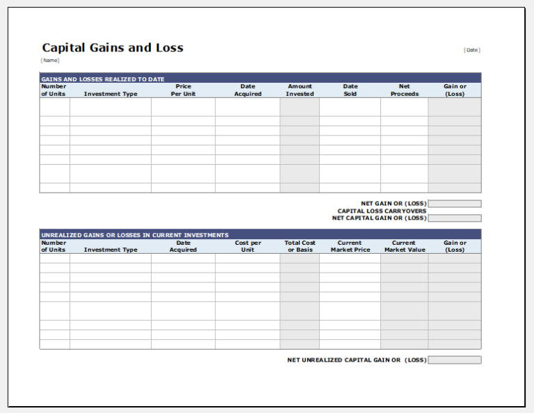 Capital Gains and Losses Calculator Template for Excel Excel Templates