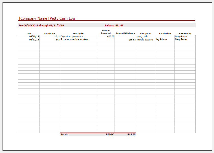 Petty cash log template for Excel