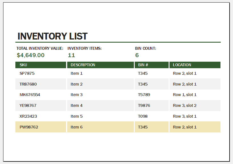 Warehouse inventory template for Excel