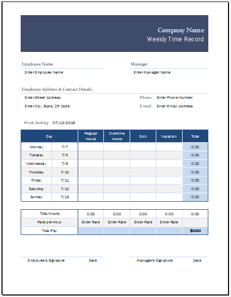 Weekly time record sheet template