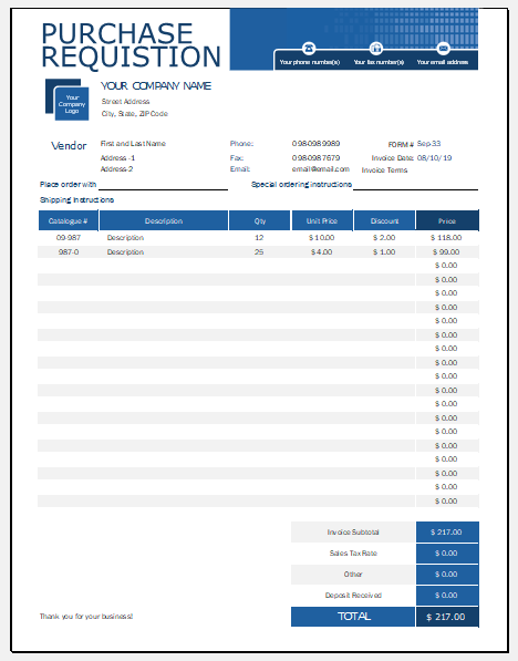 Purchase Requisition Form Template
