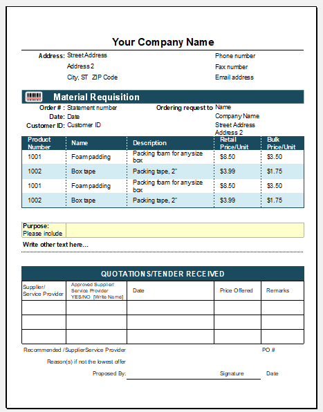 Material Requisition Form