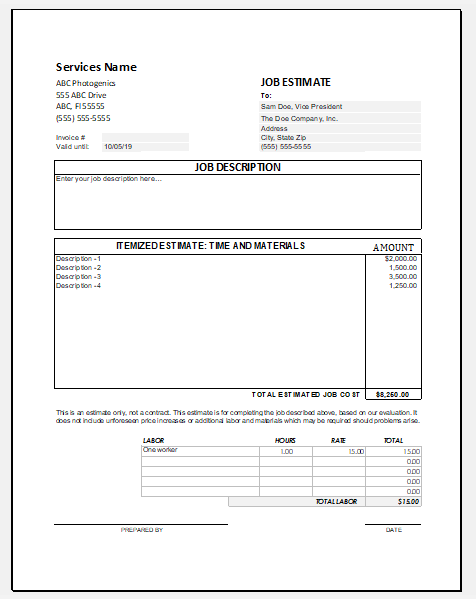 Photographer Work Estimate Template