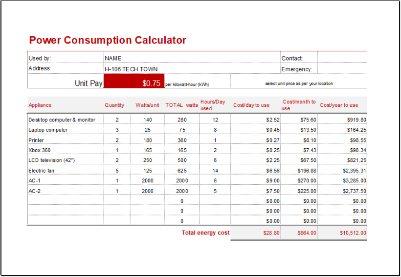Power Consumption Cost Calculator Template | Excel Templates