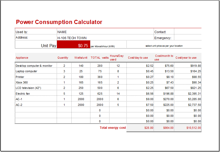 Power Consumption Calculator Template