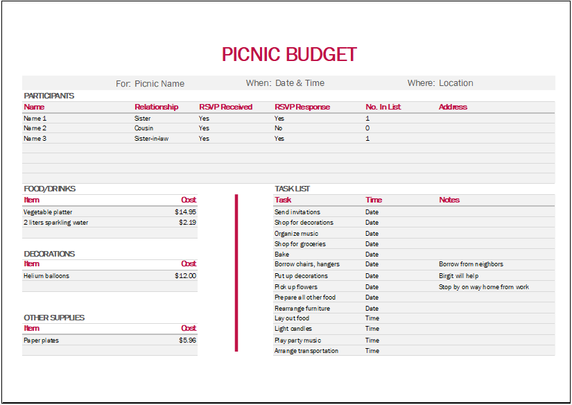 Picnic Budget Template for Excel