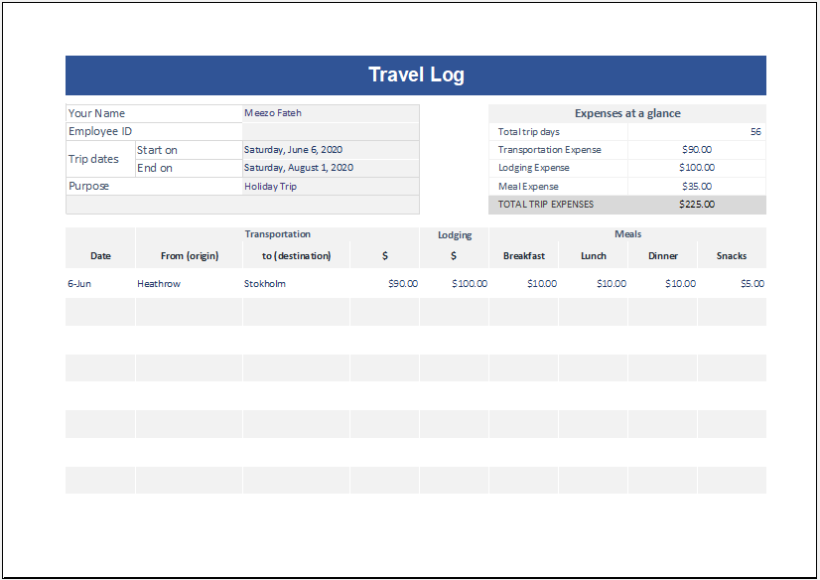 travel log book excel template