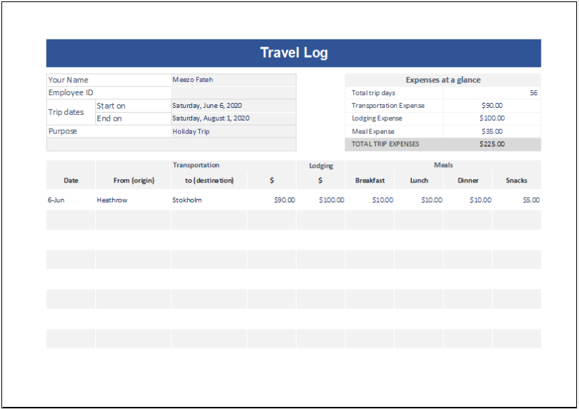 travel format excel