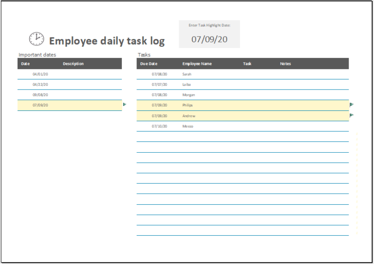 daily task sheet for employee excel