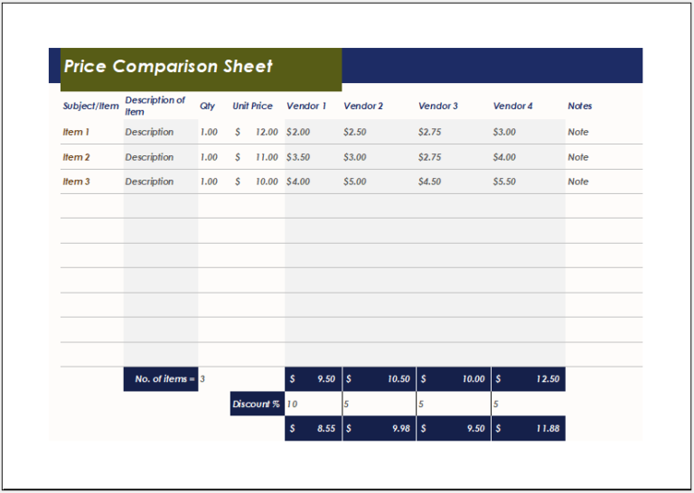 Price comparison sheet template for excel excel templates