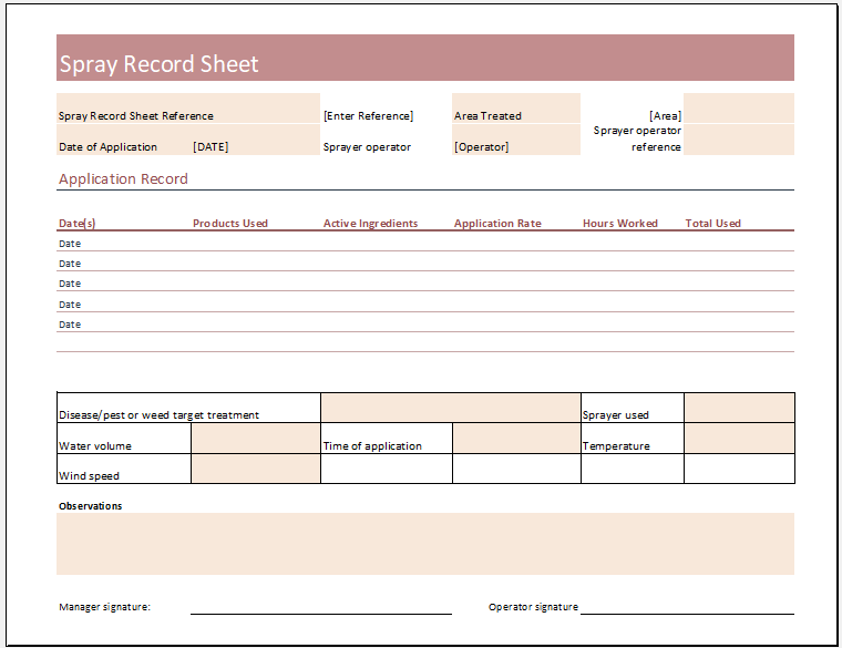 Spray Record Sheet Template For Excel Excel Templates Spray Record Sheet Template For Excel Excel Templates