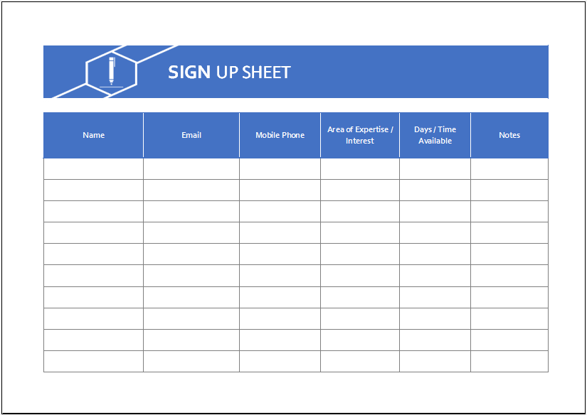 Sign Up Sheet Template for Excel