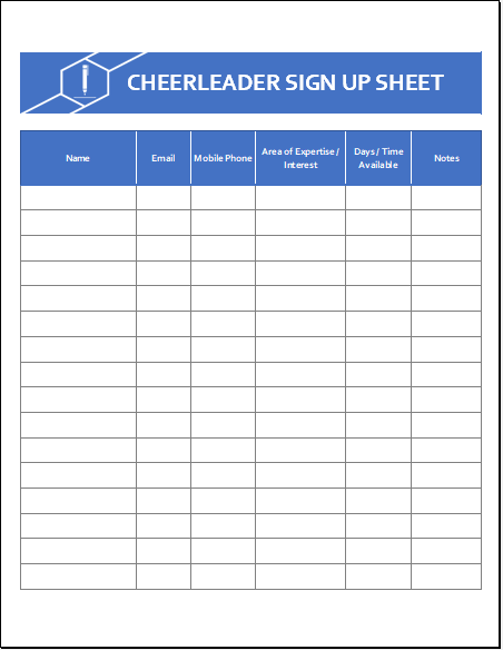 Cheerleader sign up sheet template