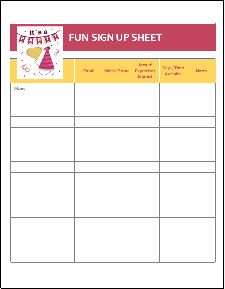 Fun sign up sheet template