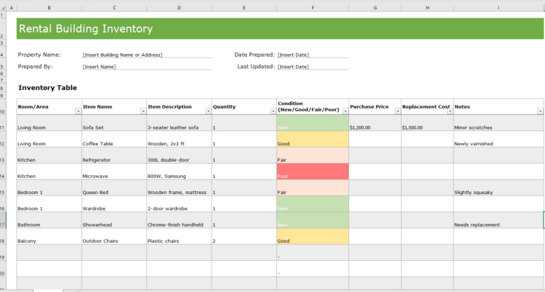 Example Rental Inventory Rental Building Inventory Worksheet | Excel Templates
