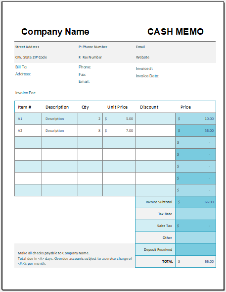 Cash Memo Formats and Template for Excel | Excel Templates