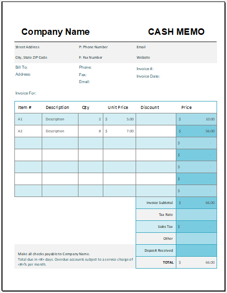 Cash memo template