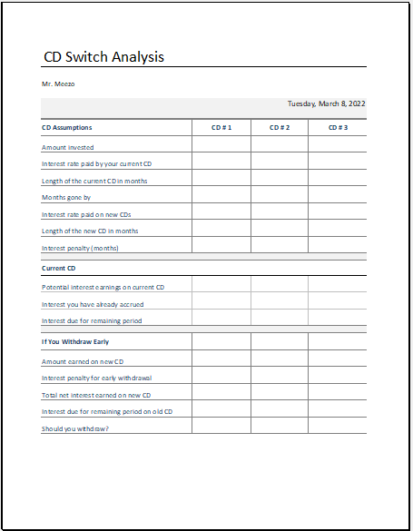 CD switch analysis sheet template