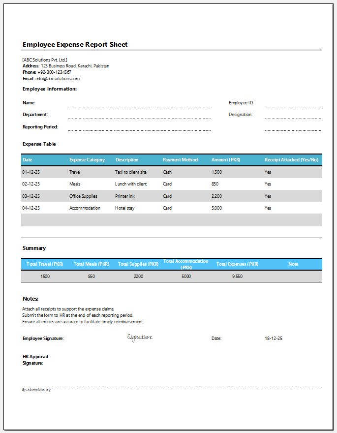 Employee Expense Report Sheet