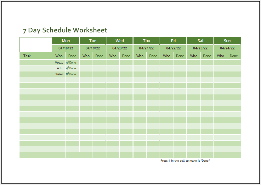 7 Day schedule worksheet template
