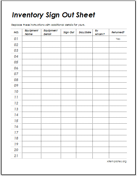 Inventory sign-out sheet template