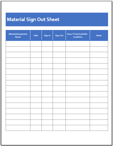 Material sign out sheet