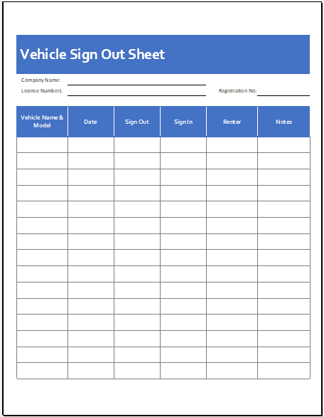 Vehicle sign out sheet