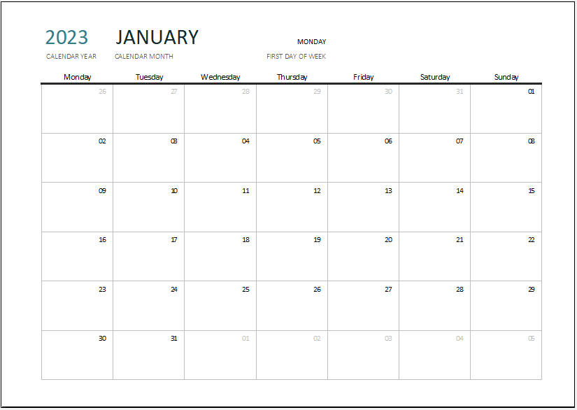 Any year monthly view calendar with notes