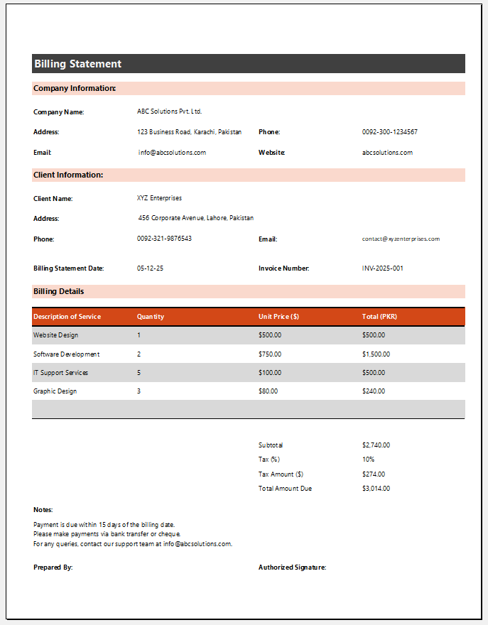 Billing Statement Template for Excel
