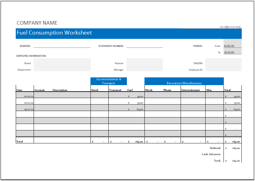 Monthly fuel consumption worksheet