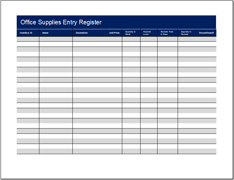 Office supplies entry register