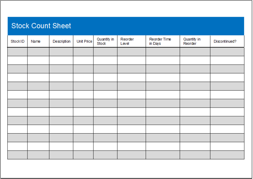 Stock Count Sheet Template MS Excel (.xlsx) Worksheet