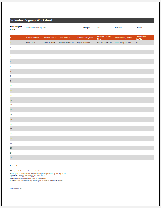 Volunteer Signup Worksheet
