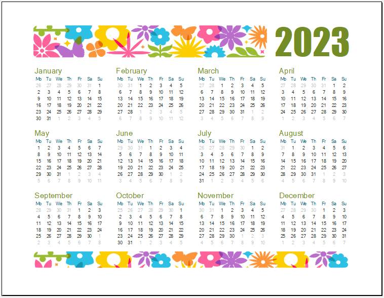 Any year colorful calendar for kids