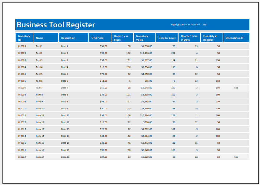 Business tool register template
