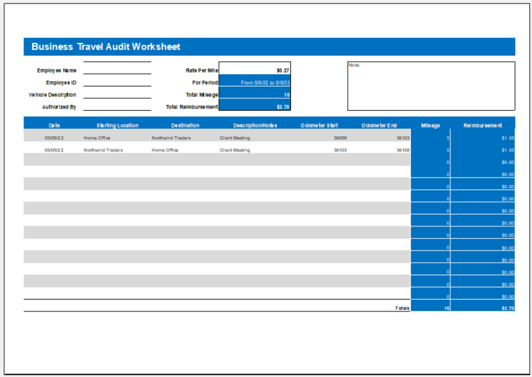 Business Travel Audit Worksheet for An Employee Download