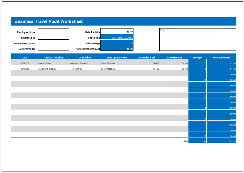 Business travel audit worksheet for an employee