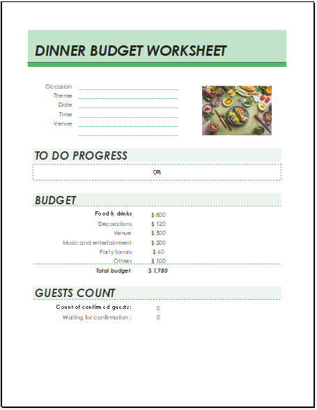Annual dinner budget worksheet