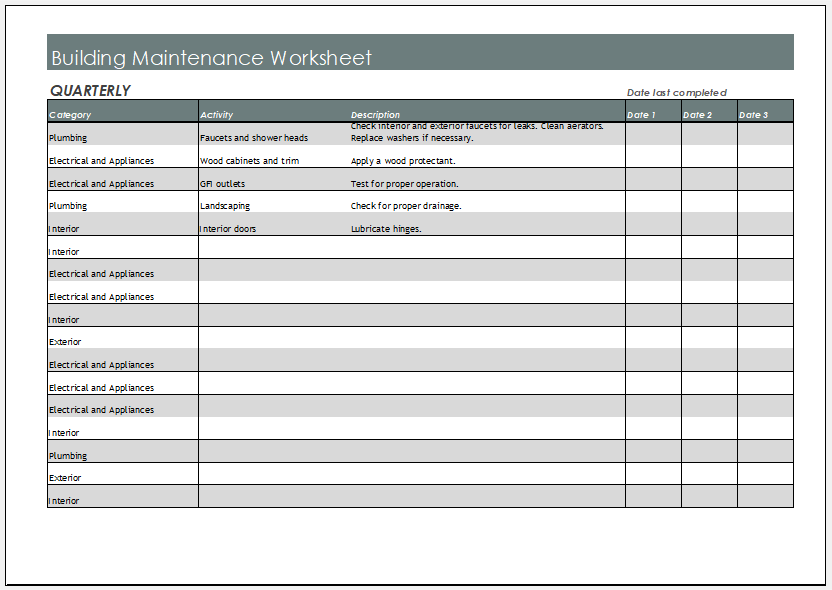 Building maintenance worksheet template