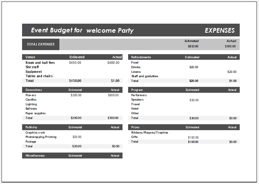 Party Budget Worksheet for Excel Download File