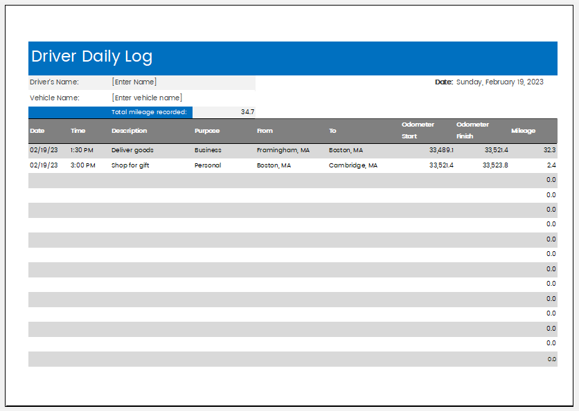 Driver daily mileage log template