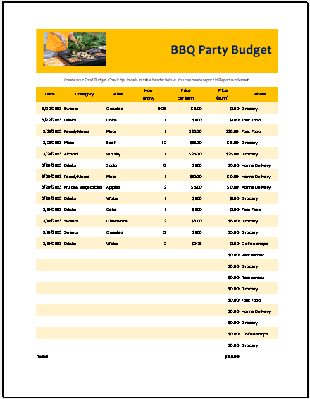 Bar-b-que party budget worksheet template
