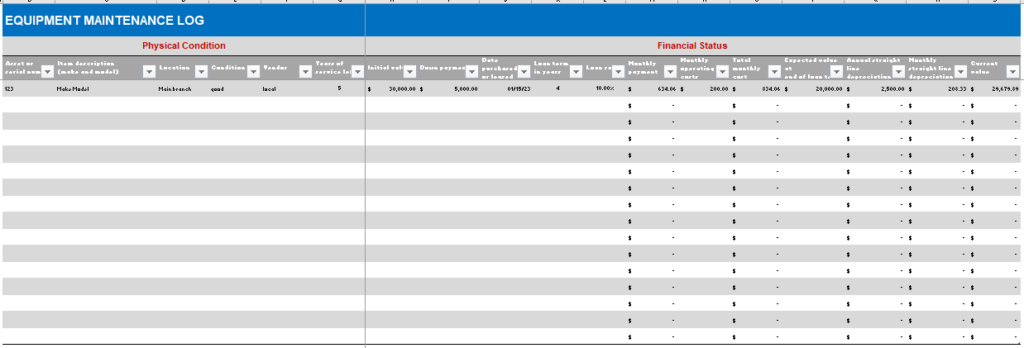 Heavy equipment maintenance log template