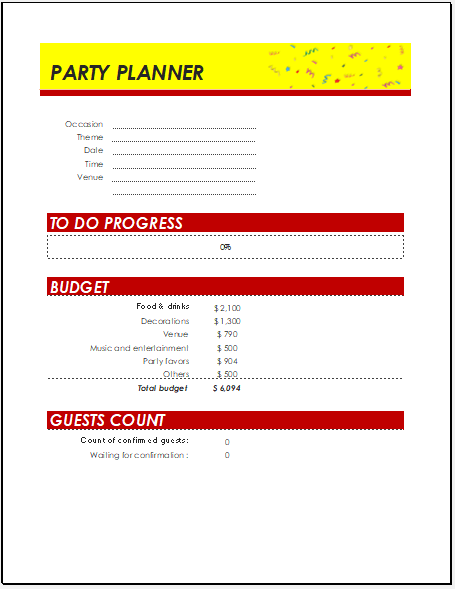Summer party budget worksheet