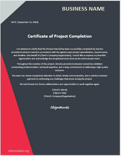 Project completion certificate from the client