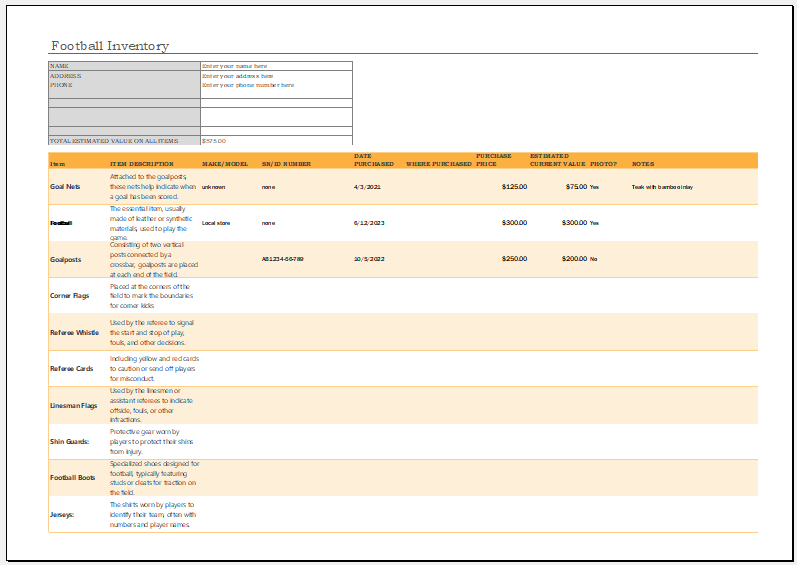 Football inventory spreadsheet template